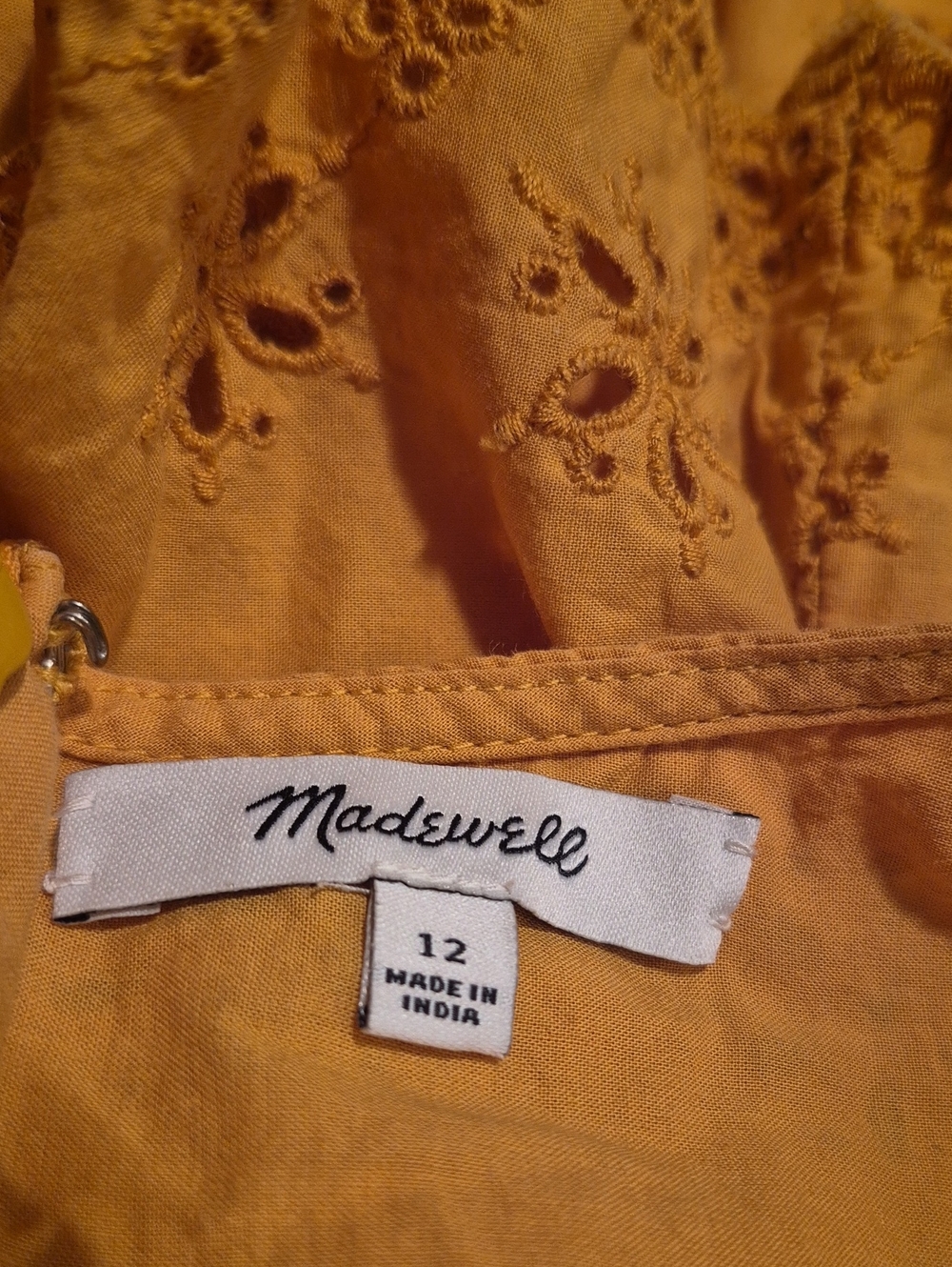 Madewell 12 Scalloped Eyelet Midi Dress features airy mustard cotton eyelet VGUC - Picture 7 of 8